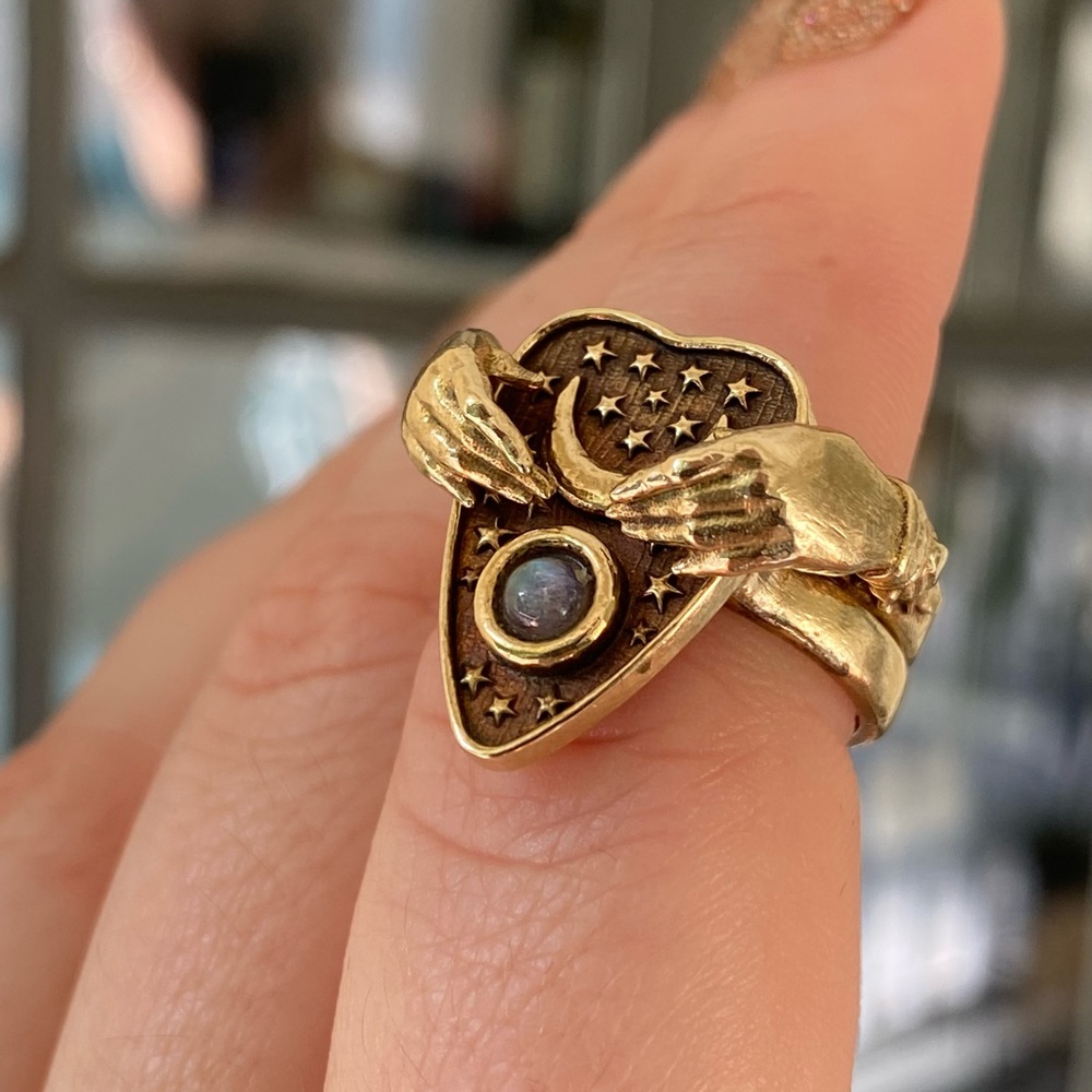 Omnia Studios brass moonstone planchette and etherial hands ring size 8